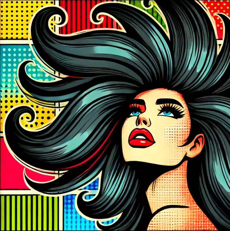 Illustrazione pop art di una donna con lunghi capelli neri mossi